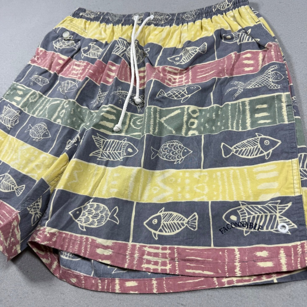 Faconnable Mens Swim Trunks XL Fish Turtle Print Multicolor Drawstring Shorts‎
